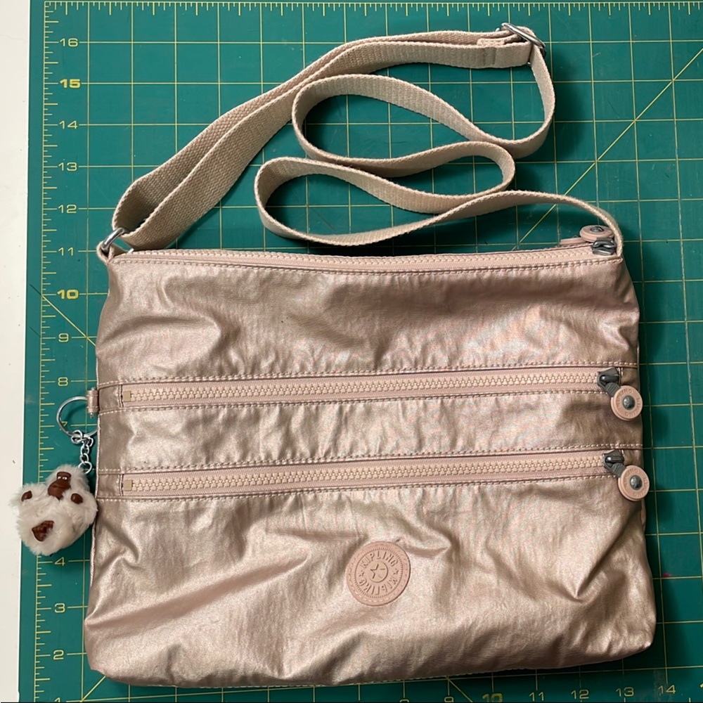 Kipling Alvar Metallic Gold Crossbody Bag Monkey Key Chain